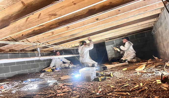 Professional team restoring a damaged crawl space Professional team restoring a damaged crawl space
