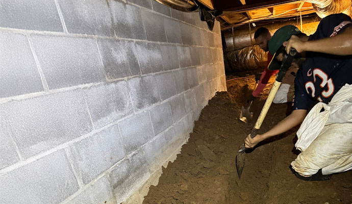 Professional worker waterproofing a crawl space Professional worker waterproofing a crawl space